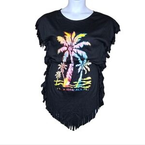 VINTAGE‎ 80s black fringe neon palm tree Florida beach swim coverup dress S